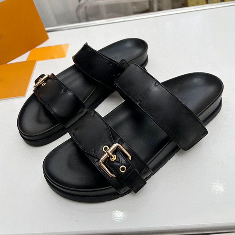 Nuevo estilo 2025: pantuflas de pareja con una sola correa y hebilla, versátiles, antideslizantes, informales, para playa, color negro._voghion.com