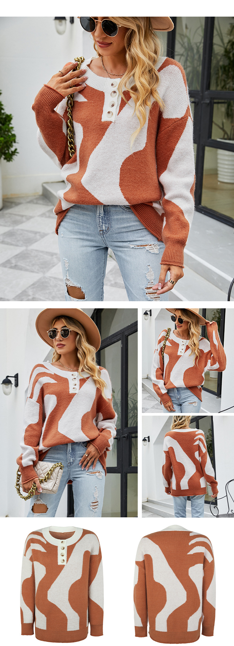 Lässiger Pullover mit Rundhalsausschnitt und Rauten-Jacquard-Farbkontrast_voghion.com