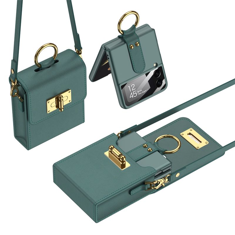 Mini Shoulder For Samsung Galaxy Z Flip 3 4 5G Plain Leather Chain Lanyard Phone Bag With Ultra Thin Ring_voghion.com