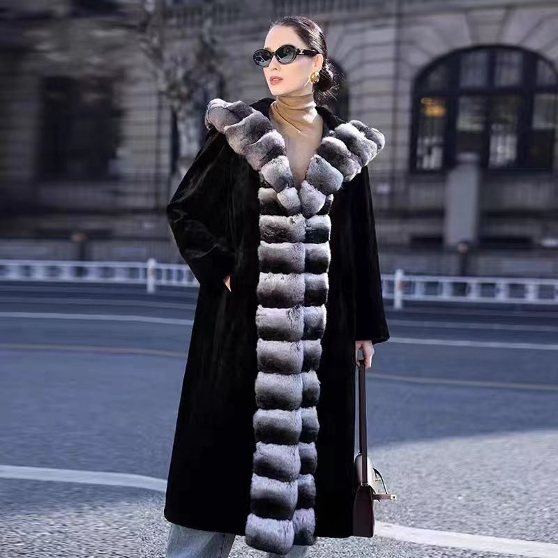 Langer Damen-Plüsch-Chinchilla-Kunstpelzmantel mit Schalkragen, elegante Winter-Trenchjacke für Übergrößen, Kunstpelzmäntel_voghion.com