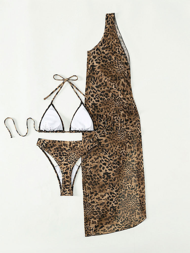Women's Leopard Print Sunscreen Three-piece Swimsuit Women's Mesh Semi-transparent Swimsuit Bikini Beach Skirt_voghion.com