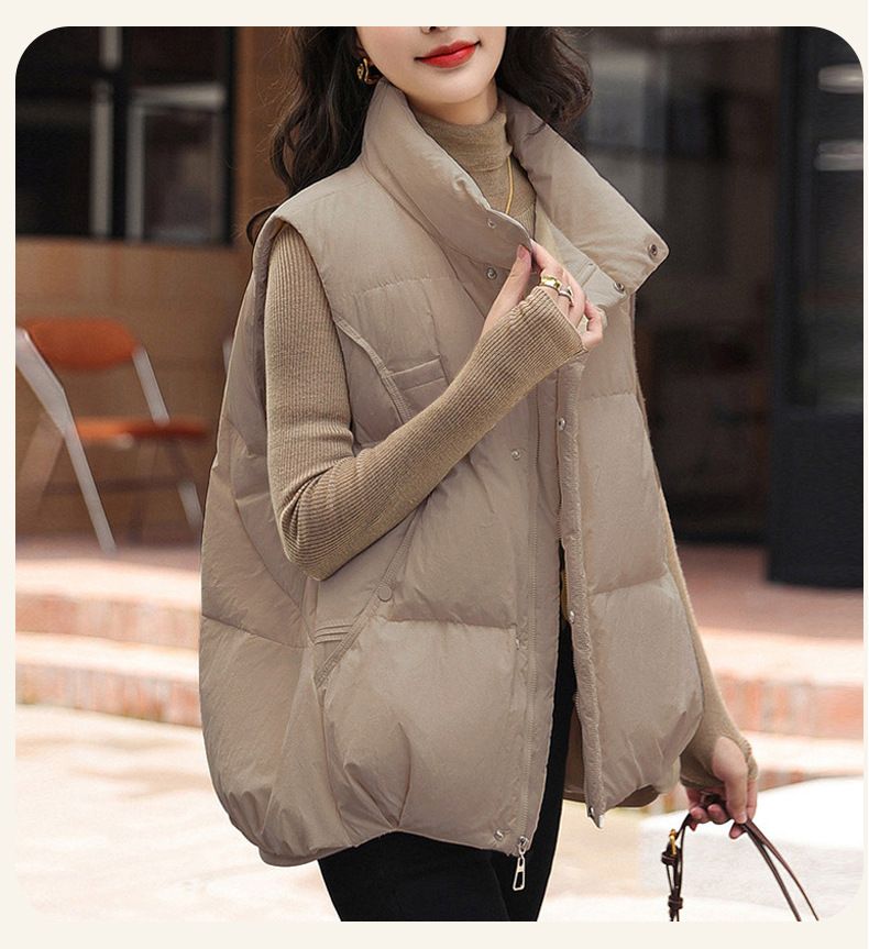 Women's Lightweight Down Vest Winter Fashion Puffer Sleeveless Jacket With Duck Feather Filling, Stand Collar, Zipper Closure, Pockets_voghion.com