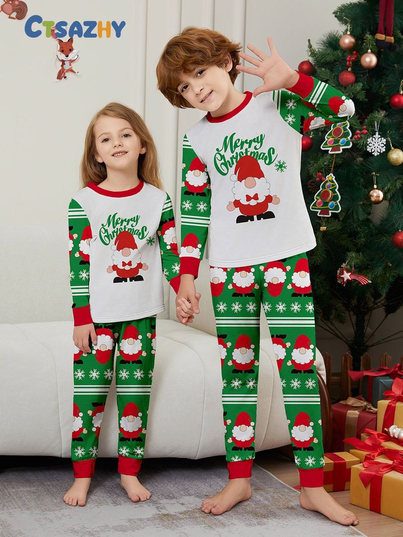 Weihnachtliches Familien-Pyjama-Set – Weihnachtsmann, Schneeflocke und Buchstabendruck – Gemütliche Nachtwäsche für die Feiertage für Erwachsene, Kinder und Haustiere_voghion.com