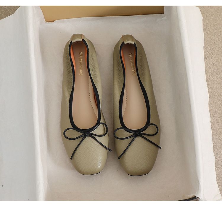 Square Head Single Shoes Women's Flat Bow Shallow Mouth Doudou Shoes Small Fragrant Soft-soled Ballet Shoes_voghion.com