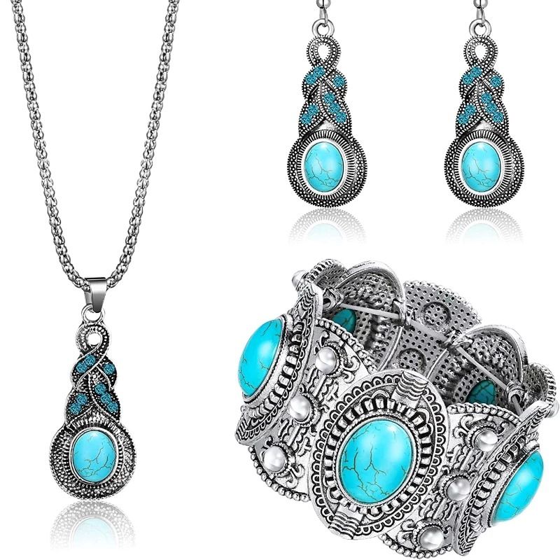 New Turquoise Bohemian Ethnic Style Jewelry Necklace Earrings Bracelet Set_voghion.com
