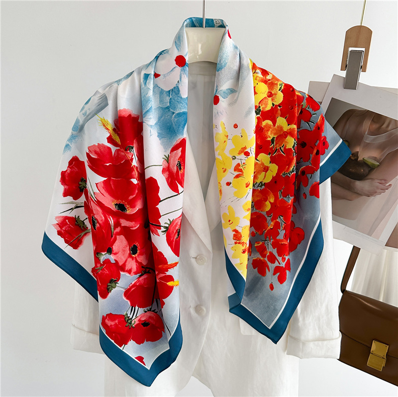 Sciarpa di seta da 90 cm, modello in twill di velluto, moda floreale, scialle da viaggio primavera/estate, protezione solare, pendolarismo semplice_voghion.com