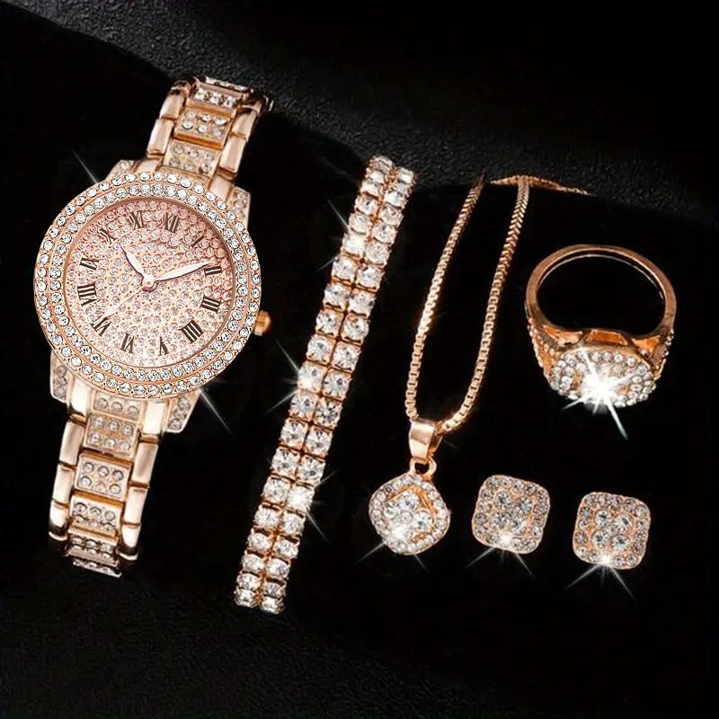 Damenuhr fünfteiliges Set Diamant Damenuhr Damenmode römische Quarzuhr Armbanduhr_voghion.com