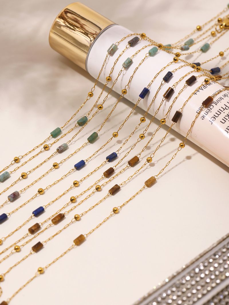 Lapislazzuli di zucchero quadrato, pietra Qinghai, pietra occhio di tigre, perlina a forma di conduttura, collana fatta a mano, catena per clavicola da donna in acciaio inossidabile temperato_voghion.com