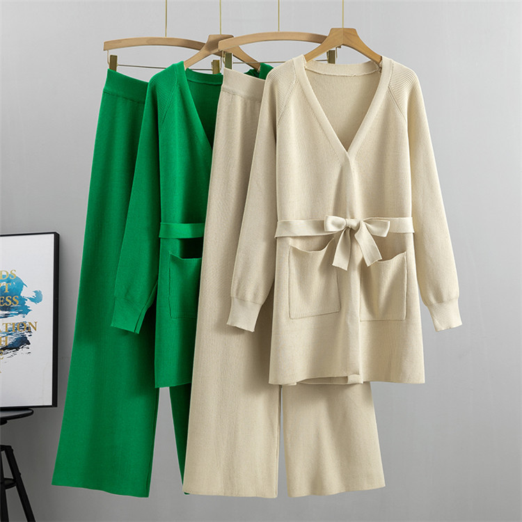 Pantaloni a gamba larga da donna cappotto cardigan lavorato a maglia abito a due pezzi da donna autunno sciolto_voghion.com