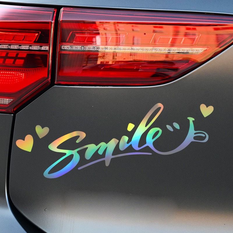 Pegatinas de coche con sonrisa, decoración creativa con personalidad, pegatinas de coche con reflejo láser de colores para la parte trasera del cristal de la carrocería_voghion.com