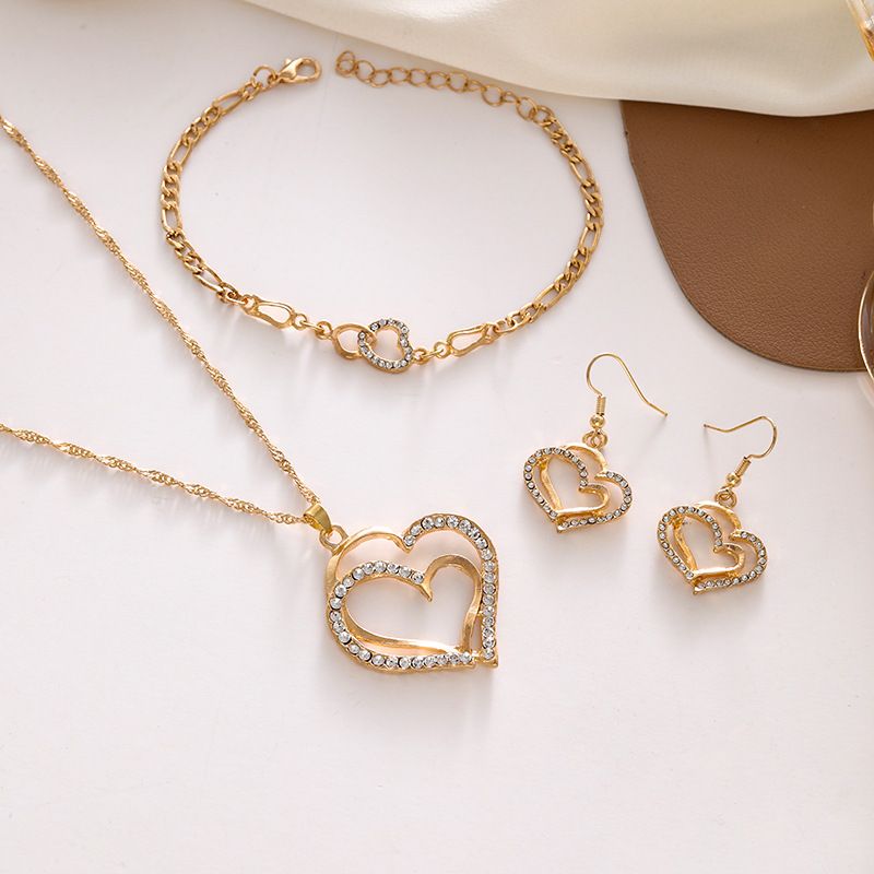 Schmucksets Neues Schmuckset Hochzeit Abendkleid Zubehör Doppelte Liebe Herzförmige Ohrringe Halskette Armband Spot_voghion.com