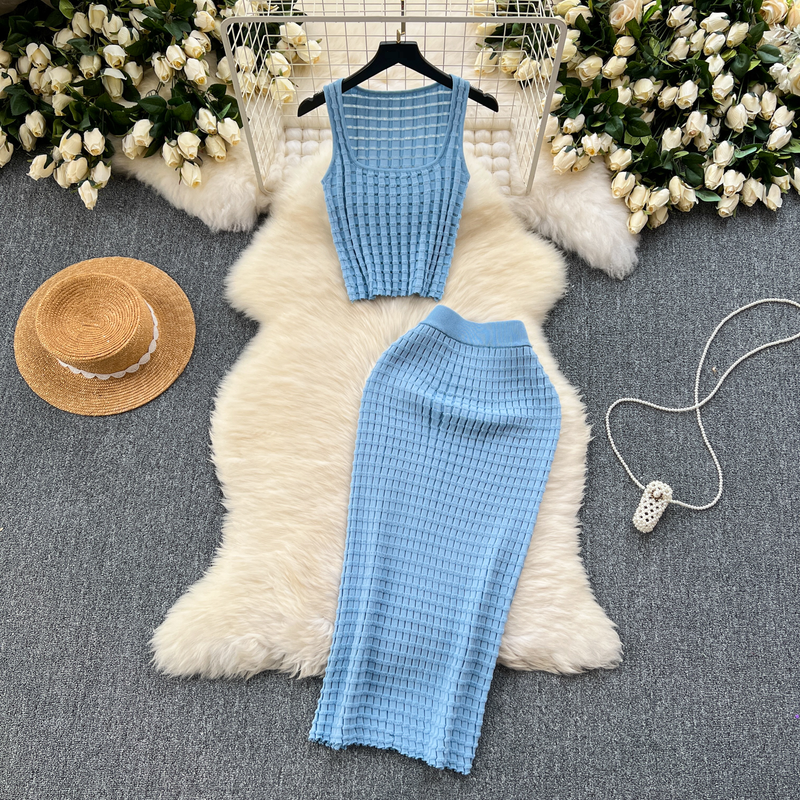 2025 Retro Gestrickte Zwei Stücke Sets Ärmelloses Kurzes Top + Hohe Taille Schlank Lange Röcke Weibliche Sommer Hotsweet Anzüge_voghion.com