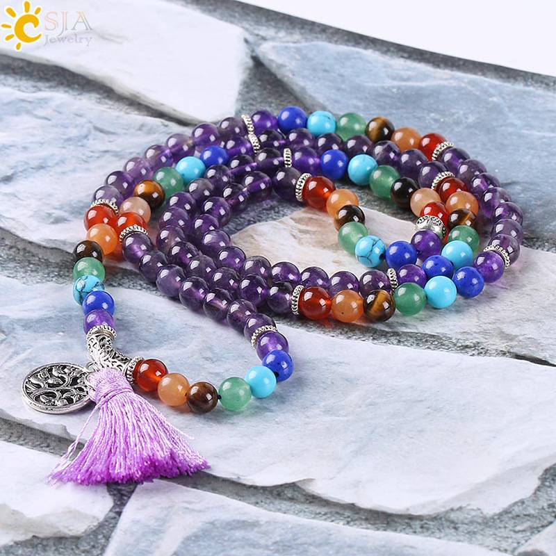 Multi Layer Natural Amethyst Bracelet Necklace 108 Stone Beads Bracelet Tassel Jewelry Female Jewelry_voghion.com