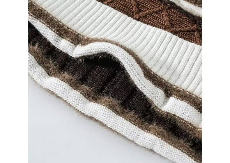 Men's Casual Stripe Knit Sweater - Oversized Crewneck Pullover, Soft & Breathable, Black & Brown_voghion.com