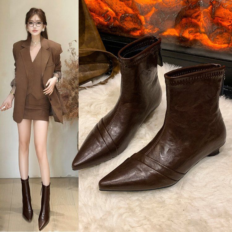 High Heels, French Style, Large Circumference, Widened Elastic, Thick Leg Fashion, Skinny Boots, 69 Pointed Martin Boots, Short Boots, Bare Boots_voghion.com