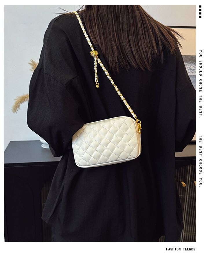 Elegante borsa a tracolla trapuntata con tracolla a catena - Mini borsa a tracolla da donna, borsa alla moda con manico superiore in nero e beige_voghion.com