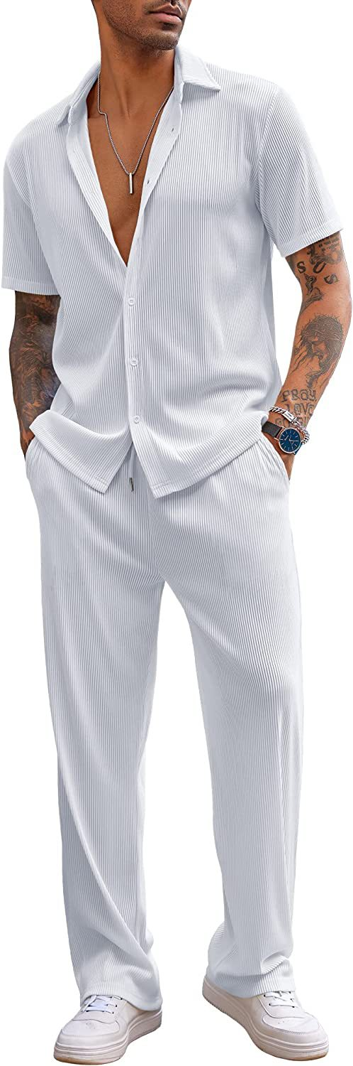 Calças compridas de manga curta de cor sólida masculina nova solta conjunto casual_voghion.com
