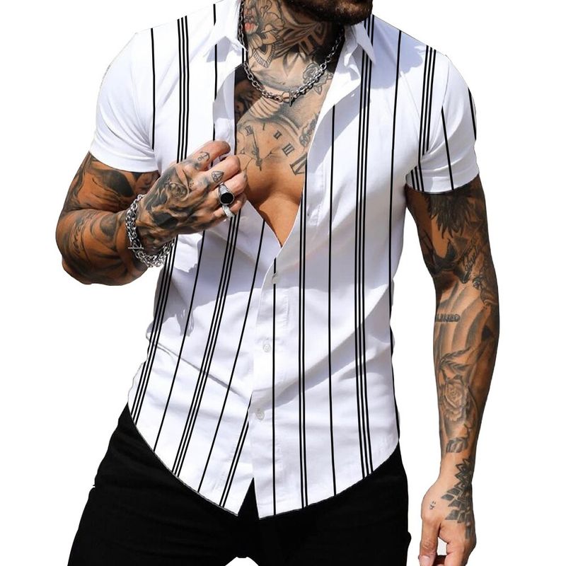 camicia a maniche corte sottile con risvolto hawaiano a righe con stampa digitale da uomo_voghion.com