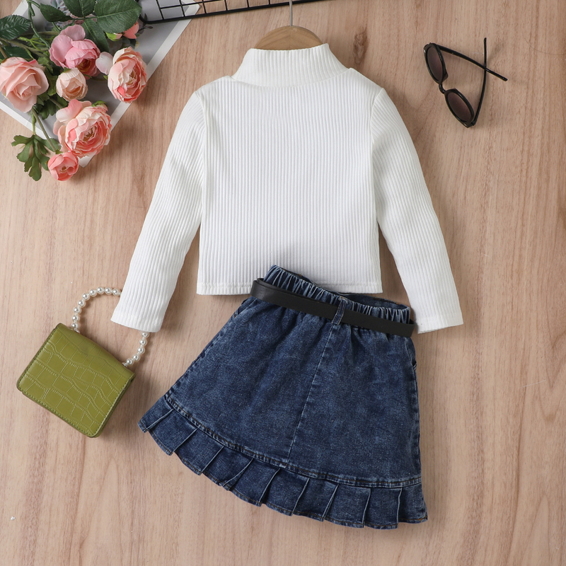 Kinderkleid Mädchen Einfarbig Weste Langarm Top Denim Offene Tasche Faltenrock Anzug_voghion.com