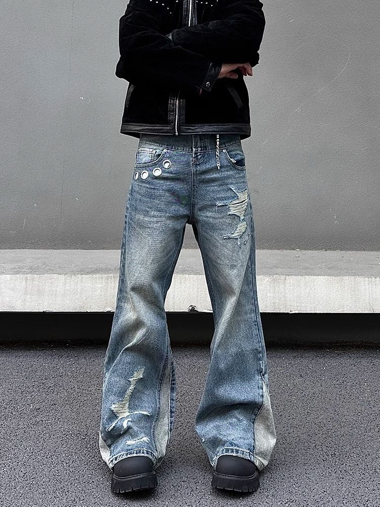 Herrenbekleidung 2025 American Deconstructed Stitching Doppelte Taille Destroyed Jeans Herren Straight Slim Flared Cleanfit Hose_voghion.com
