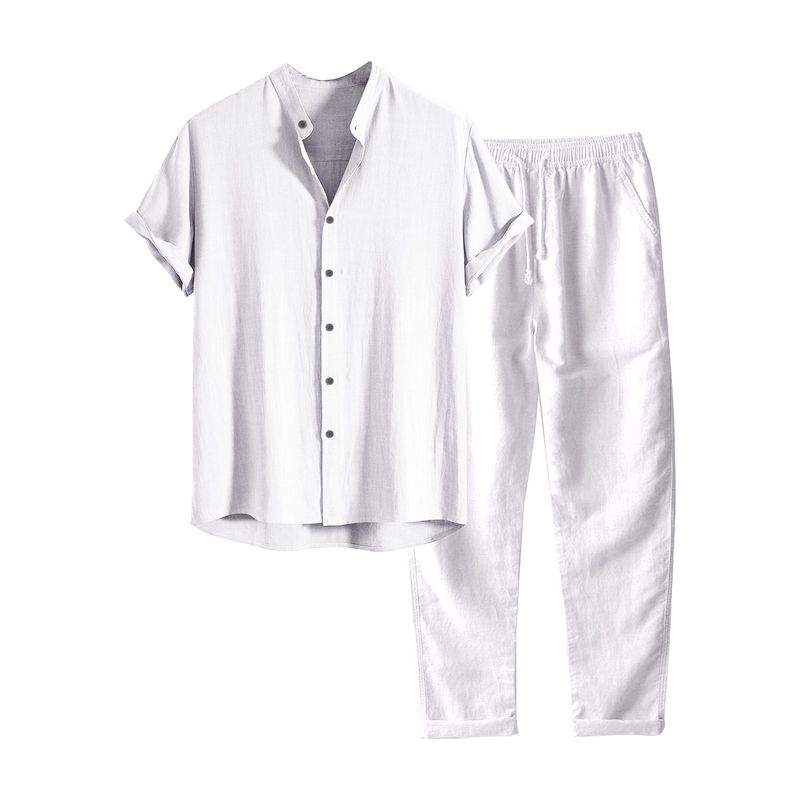 Abito da uomo in cotone e lino con colletto alla coreana, versatile, casual e slim fit, modello Step Into 2025_voghion.com