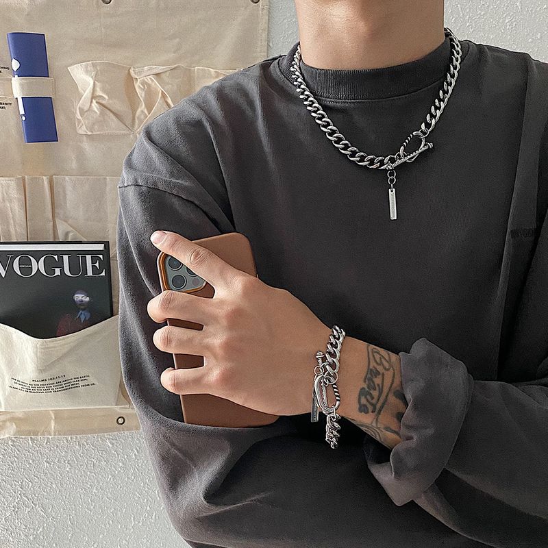 Hip hop titanium steel Cuban Necklace men's thick chain versatile neutral minority design ot button splicing clavicle_voghion.com