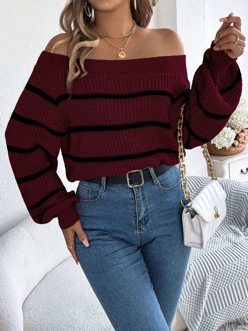 2025 Herbst und Winter Casual Striped Off-Shoulder Laterne Ärmel Pullover Pullover Damenbekleidung_voghion.com