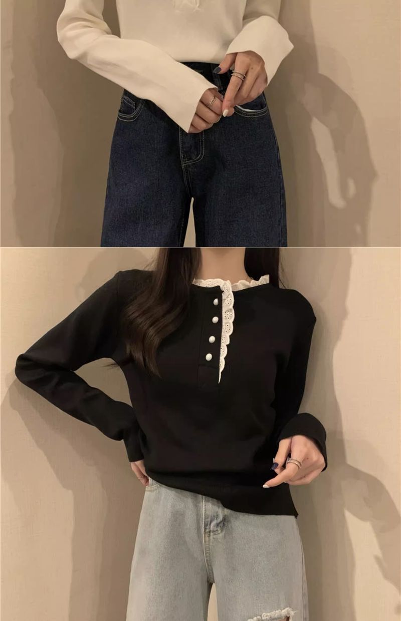 Dolce maglione in stile western con design unico, maglia a maniche lunghe con base in albicocca e pizzo con orecchie di legno, autunno e inverno_voghion.com