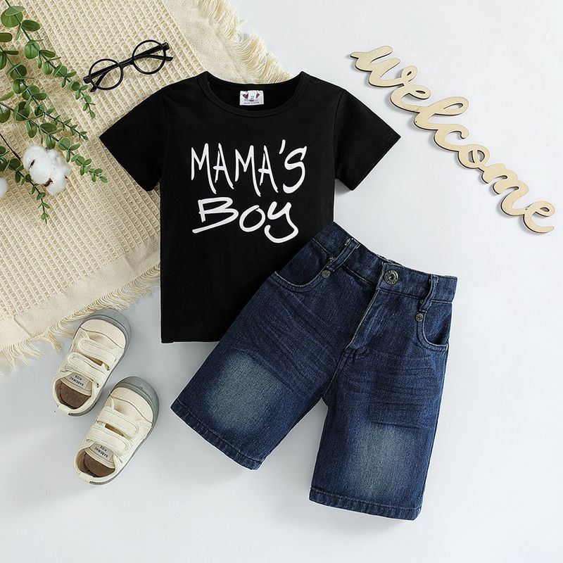 Toddler Boys Clothing Fashion Boys Short sleeved Suit Summer Children's Letter Black T shirt Denim Shorts Two piece Suit_voghion.com