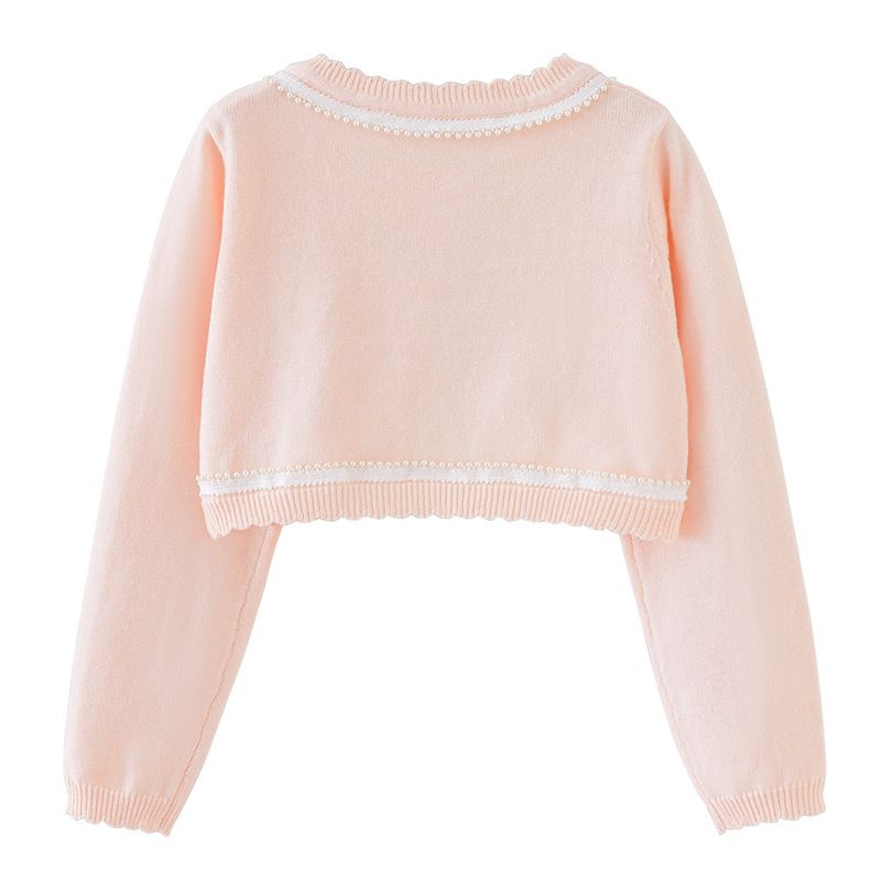 Cardigan en tricot de coton pour fille – Veste d'été légère avec bordure perlée (90-160 cm, blanc/rose/violet, sécurité classe B)_voghion.com