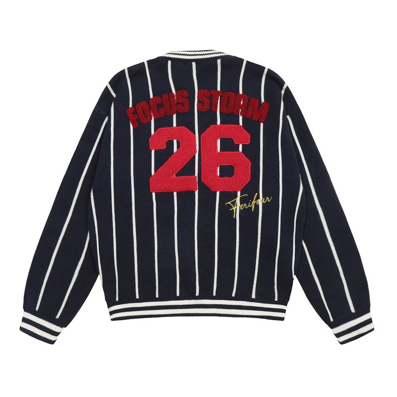 American Trendy Brand Flocking Embroidery Contrast Color Vertical Stripes V-Neck Men's Loose Lazy Sports Style Knitted_voghion.com