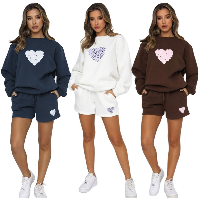 Women's fashion casual printed shorts two-piece set plus fleece long-sleeved hoodie set_voghion.com