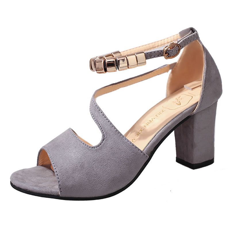 Dames open teen sandalen met kralen clapper suède dikke hak zijkant lege vis mond sandalen_voghion.com