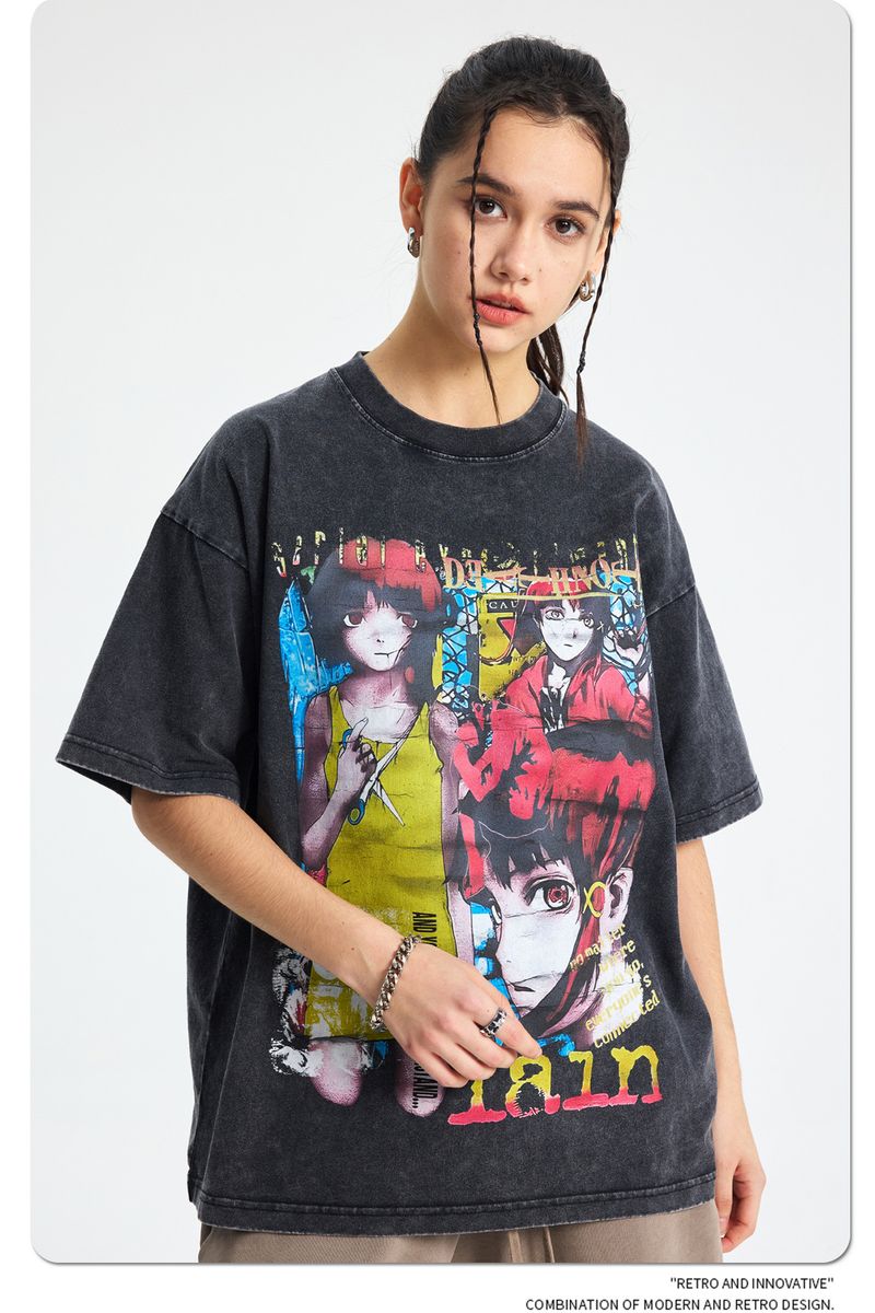 Camiseta masculina de manga curta com estampa de desenho animado americano, linda garota, retrô, antiga, água para lavar, camiseta curta_voghion.com