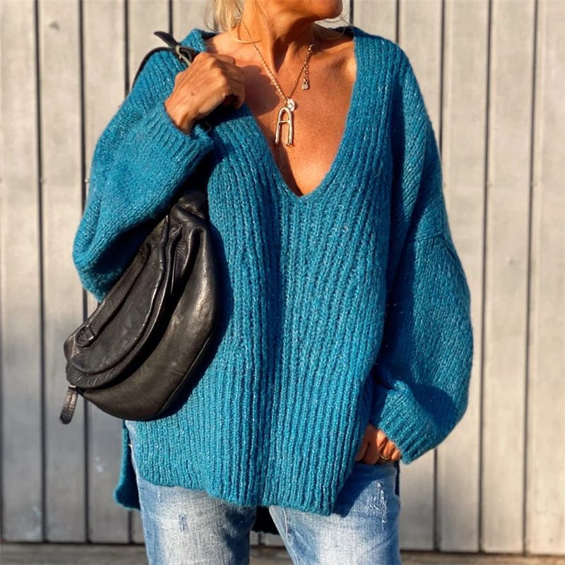 Pull ample en tricot à col en V avec côtés fendus pour femme 2025_voghion.com