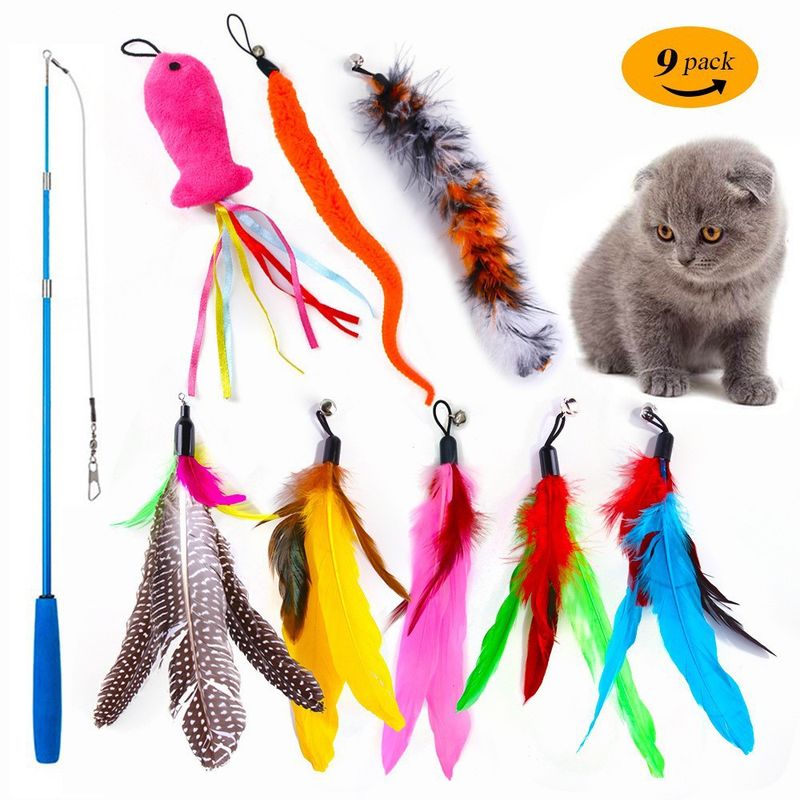 Bacchetta di peluche per gatti con testa di piuma sostituibile e asta estensibile, set di giocattoli da masticare per l'autointrattenimento dei gatti_voghion.com