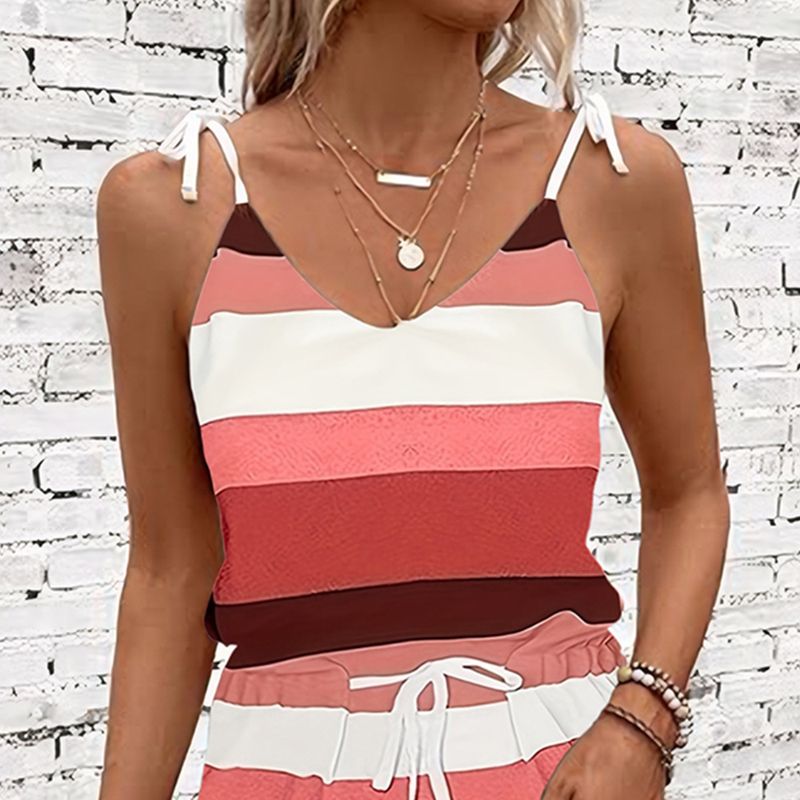 2025 Sommer Damen Hosenträger Kordelzug Lose Farbe Gestreiften Weste Kleid_voghion.com