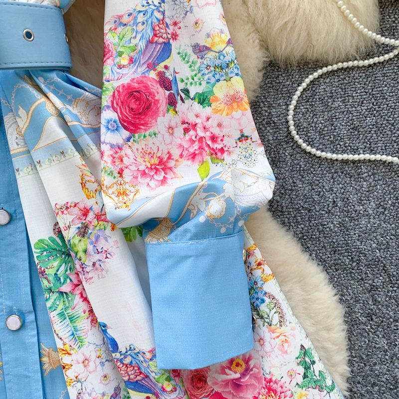 Abito camicia a trapezio con stampa a vita sottile monopetto e risvolto retrò da donna_voghion.com