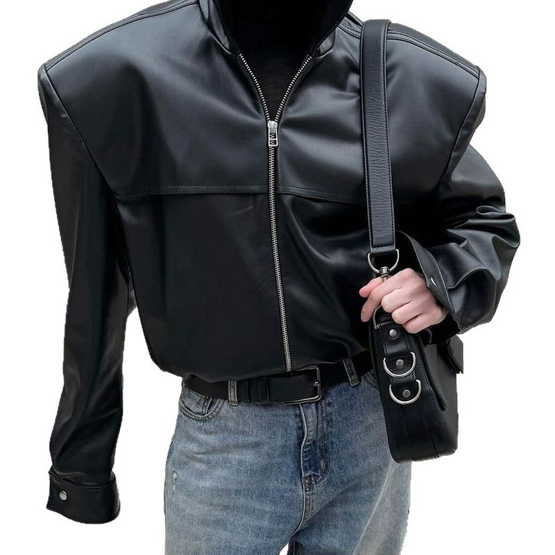 Veste de style motard automne-hiver, col montant, manteau en cuir, design élégant et tendance 2025, collection transfrontalière_voghion.com