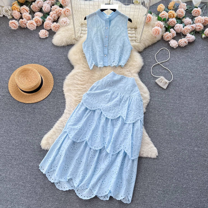 Camisa bordada sin mangas con cortes a la moda para mujer, falda peplum adelgazante de cintura alta_voghion.com