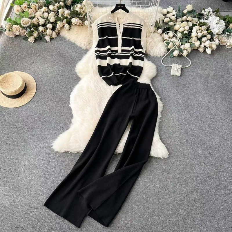 Débardeur à couleurs assorties pour femmes, haut polyvalent, taille haute, pantalon à jambes larges, costume deux pièces tendance_voghion.com