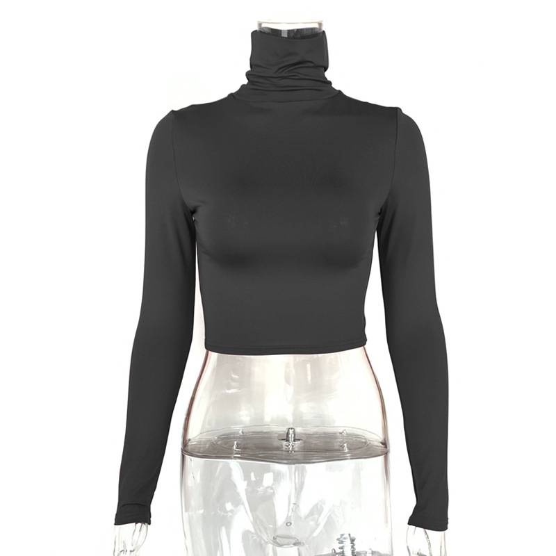 Basic Sheath Women Solid Turtleneck Tshirt Autumn Stretch Casual Undershirt Female All-match Street Activity Crop Tops_voghion.com