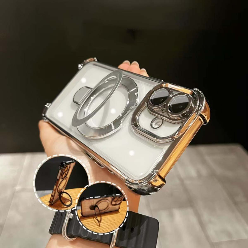 Electroplated Clear Hard Case For IPhone 16/15 With 4-Corner Airbag & Magnetic Stand - Shockproof & Anti-Scratch_voghion.com