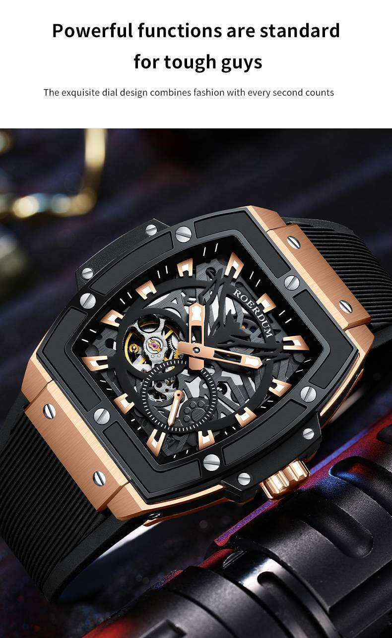 ROERDUM Cyberpunk Series Double Skeleton Dial Silicone Strap Black Dial Casual Stylish Men's Mechanical Watch_voghion.com