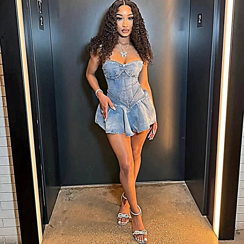 Mini abito a trapezio sexy da ragazza hot in denim senza maniche alla moda transfrontaliera_voghion.com