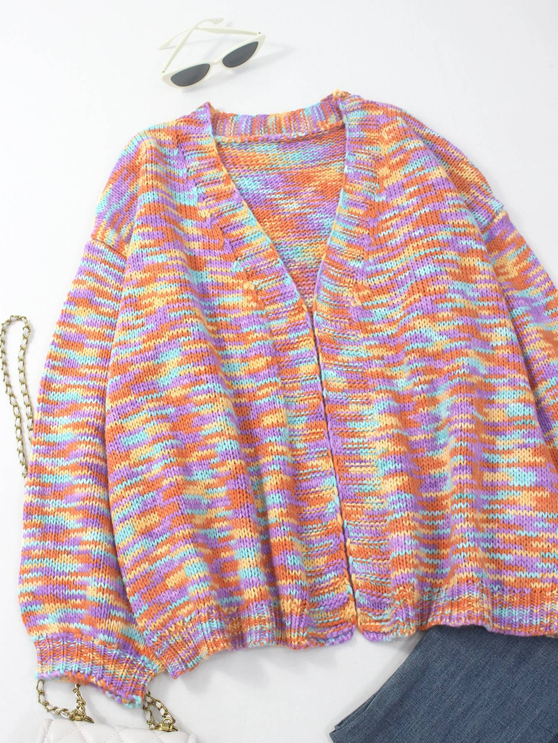 Rainbow Striped Oversized Knit Cardigan Women's Boho Chic Open Front Long Sleeve Sweater For Fall & Winter_voghion.com