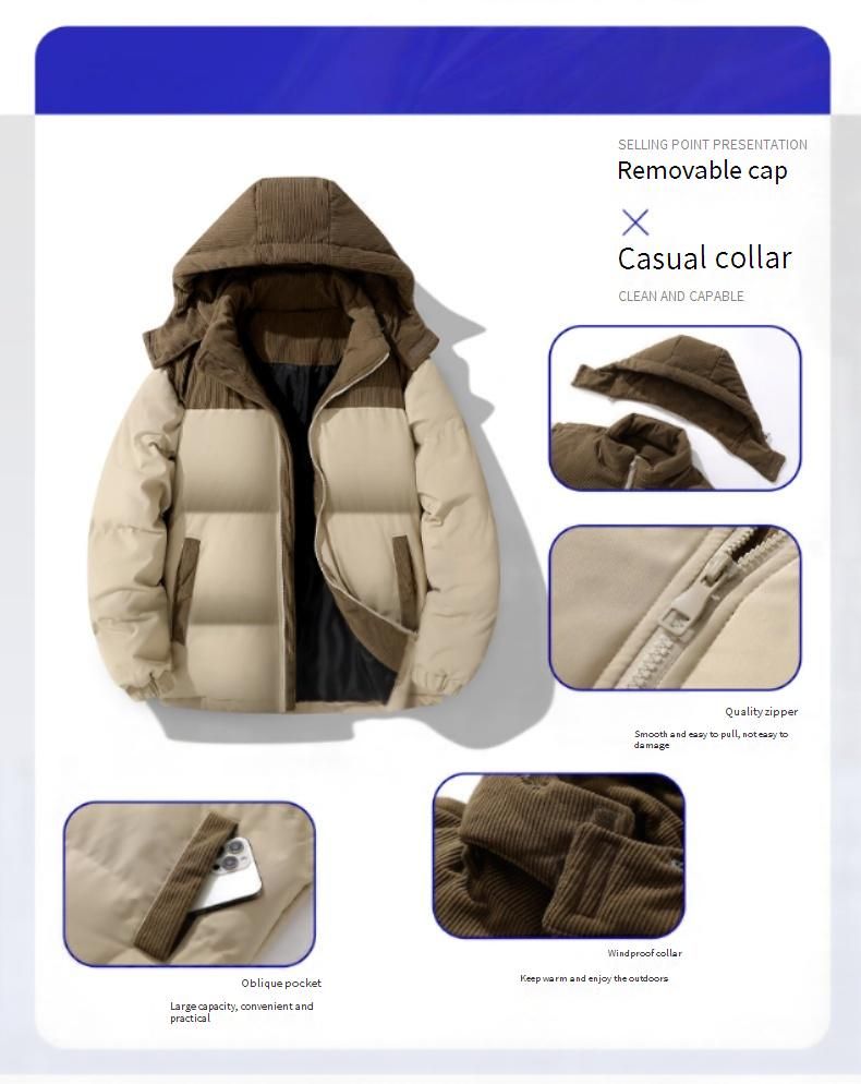 Unisex Color-Block Corduroy Puffer Jacket – Stand Collar Hooded Winter Coat (XS-2XL, Black/Khaki/Green)_voghion.com