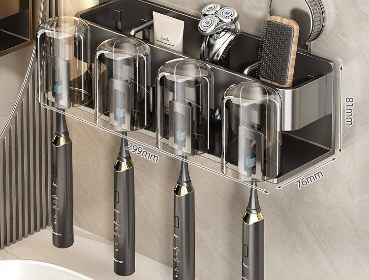 Suction Cup Toothbrush Holder With Cups & Hair Dryer Stand - No Drill Wall Mount Bathroom Organizer For Family Of 4, 3 Or Couples_voghion.com