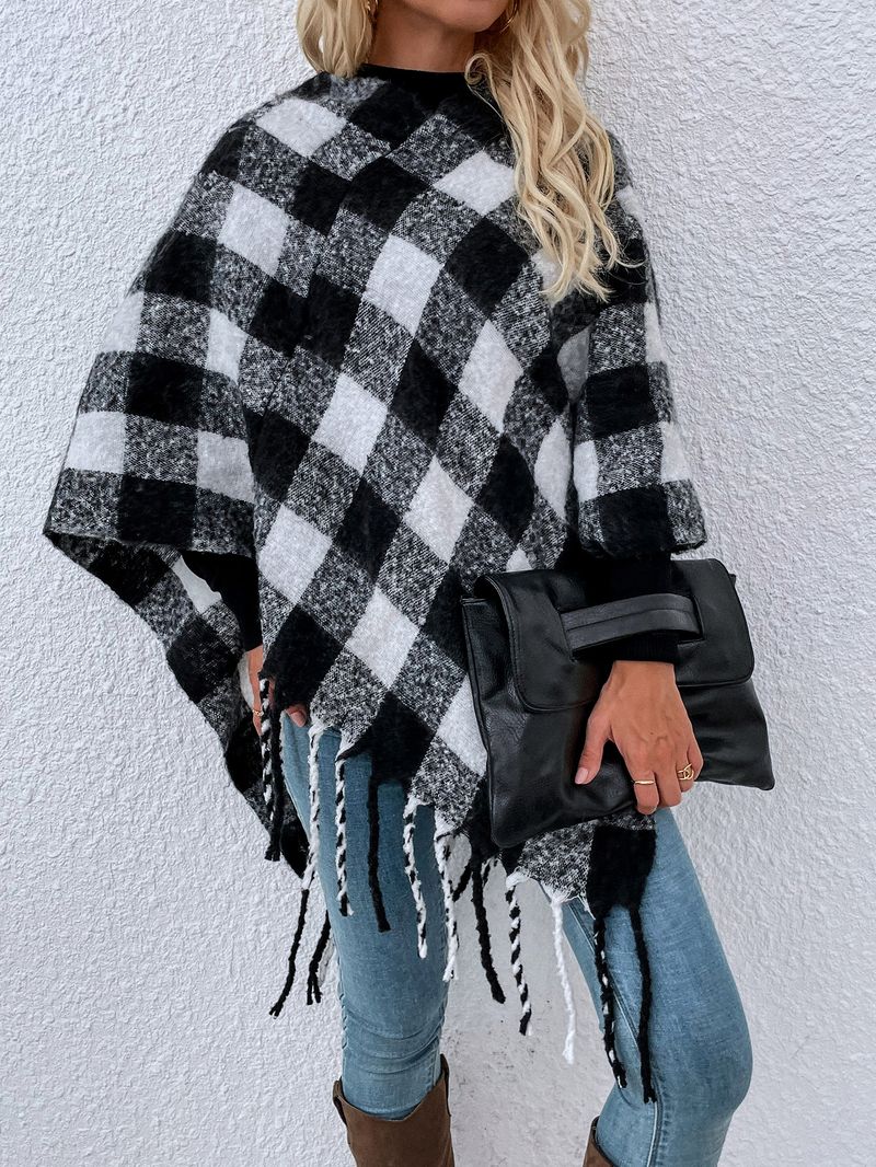 Maglieria da donna maglione a secchiello in pongee con scialle con frange a quadri mille uccelli_voghion.com