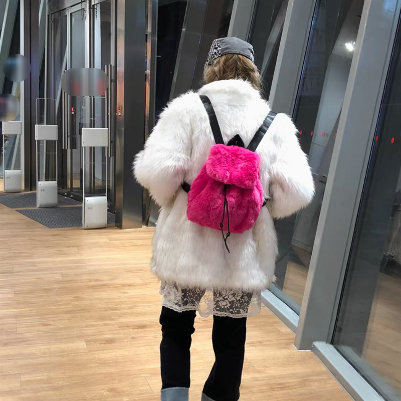 New Plush Backpack Rabbit Fur Fur Backpack Student Girl Large Capacity Drawstring Leopard Pattern Solid Color Versatile Bag_voghion.com